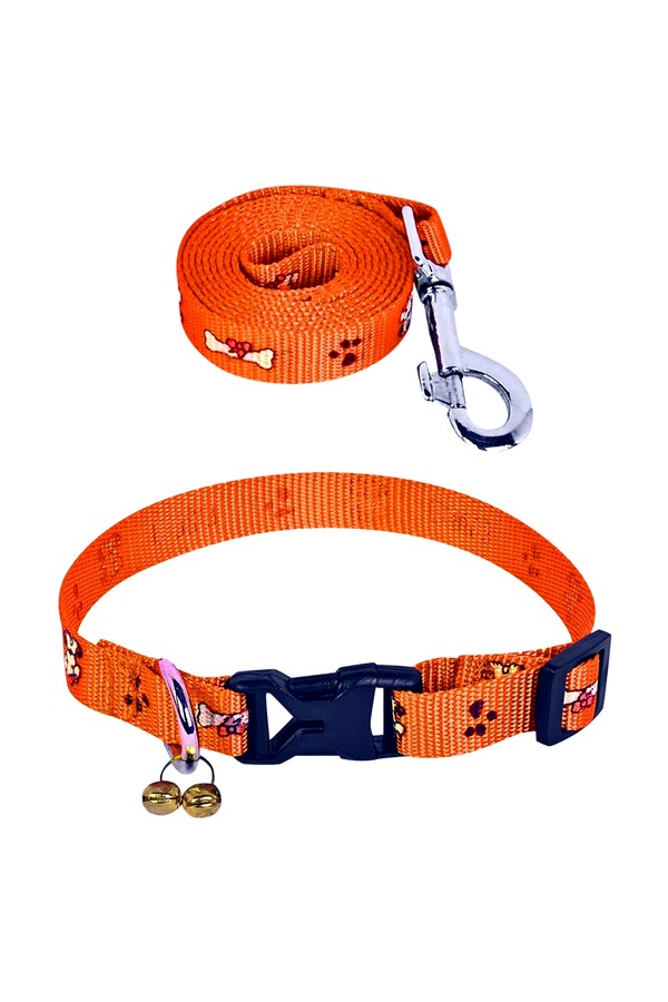 Puppy Neck Collar, Leash Combo Set, Nylon Fabric, Adjustable Size, Bone Paw Printed