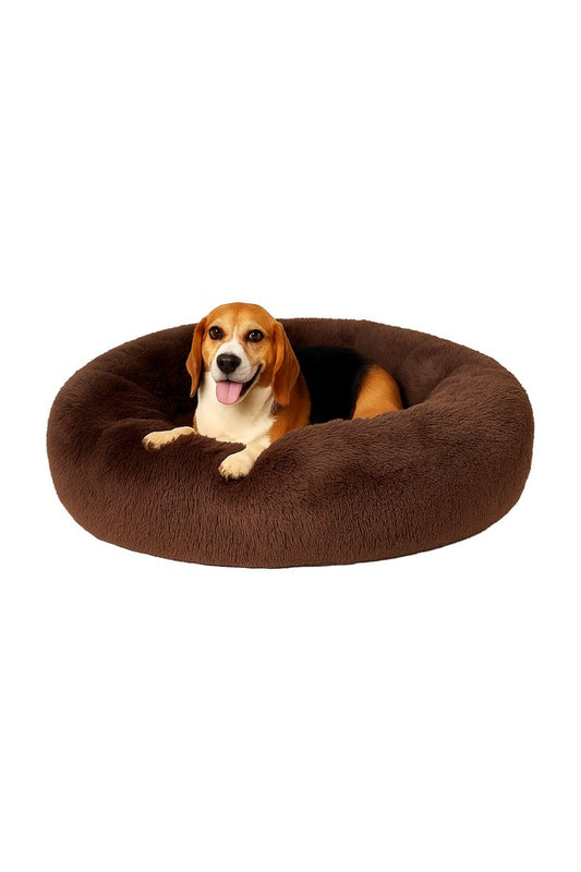 Dog & Cat Rounded Donut Bed | 2-IN-1 Both Side Use | Calming, Washable, Cozy, Fluffy Pet Beds | 50L x 50W x 12H CM (S, Brown)