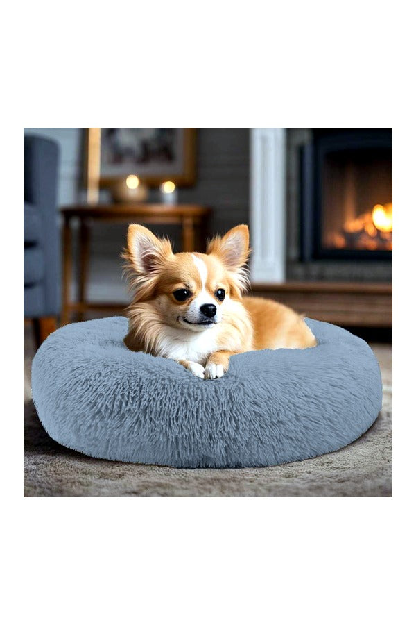 Dog & Cat Rounded Donut Bed | 2-IN-1 Both Side Use | Calming, Washable, Cozy, Fluffy Pet Beds | 50L x 50W x 12H CM (S, Brown)