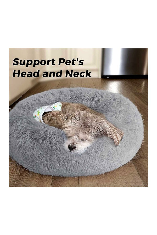 Dog & Cat Rounded Donut Bed | 2-IN-1 Both Side Use | Calming, Washable, Cozy, Fluffy Pet Beds | 50L x 50W x 12H CM (S, Brown)