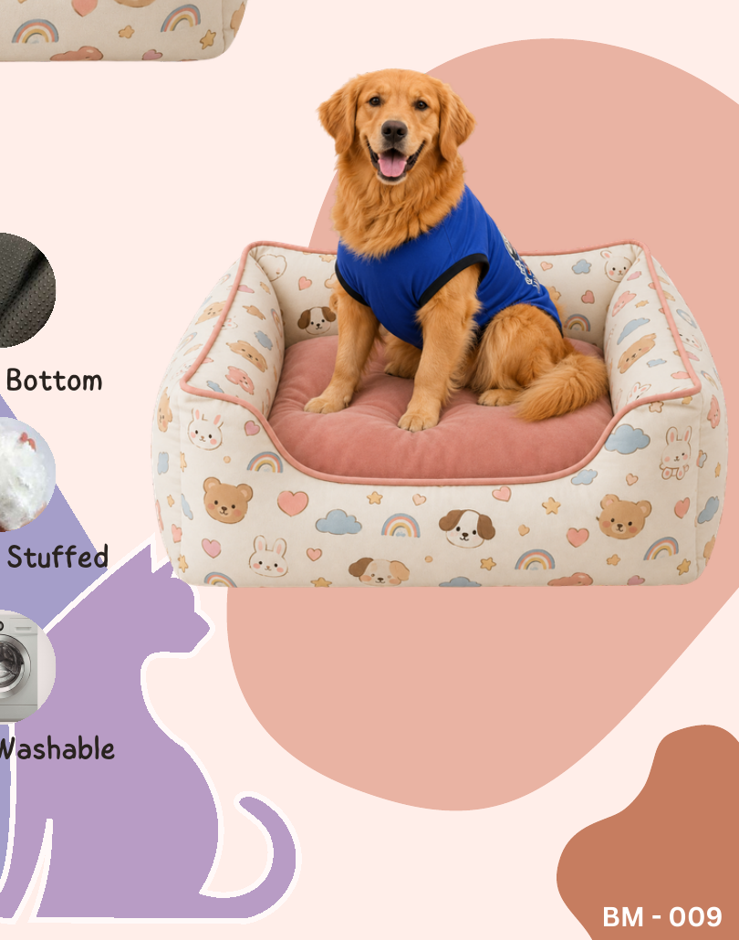 Pink Rainbow Print Dog Bed with Bolsters
